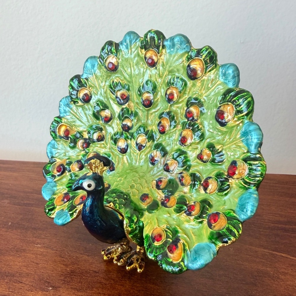 Vintage Style Enamel Peacock Trinket Box Jeweled Rhinestone Hinged Jewelry Case